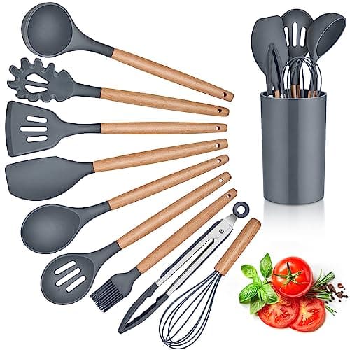 Image of Herogo Kitchen Utensils Set with Holder, 10 Pieces Silicone Cooking Utensil with Wooden Handle, Heat Resistant & Non-Stick, Cooking Spatula Turner Tong Gadgets Utensil Set – Grey