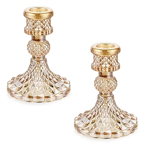 Image of BSTKEY Set of 2 Glass Candle Holders Candlestick Holder, Decorative Taper Candle Stand for Candlestick, Candle Holder Stand Table Centerpiece for Party, Wedding, Dinner (Gold)
