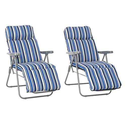 Image of Outsunny Reclining Garden Chair Set of 2, 5-Level Adjustable Zero Gravity Chairs with Cushions, Folding Sun Lounger Garden Recliner Chairs with Armrests for Outdoor, Patio, Blue Stripe