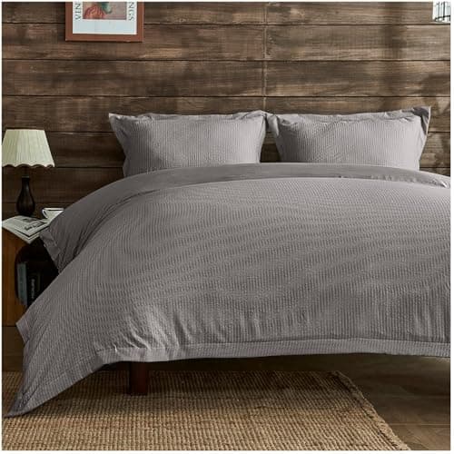 Image of Lions Double Bed Bedding Set - Seersucker Duvet Cover with Matching Pillowcase, Soft 100% Polyester Microfibre Quilt Covers, 3 Piece Bed Sets, Grey Silver, 200x200cm