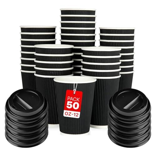 Image of Zuvo [50 Pack Takeaway Coffee Cups with Lids | Disposable Insulated Triple Wall Ripple Kraft Paper Coffee Cups for Takeaway Coffee, Tea or hot Liquids | Pack of 50 (12 Oz.), Black