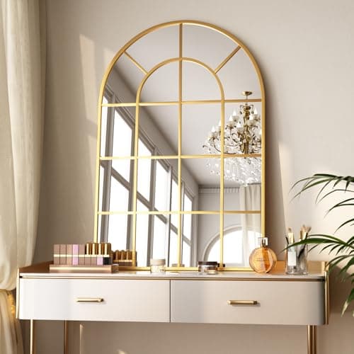 Image of Koonmi 90x60cm, Arched Wall Mirror, Bathroom Mirror with Grid, Tempered Glass Explosion-Proof Decorative Mirror, Suitable for Window Decoration, Bedroom, Entryway and Various Styles, Gold