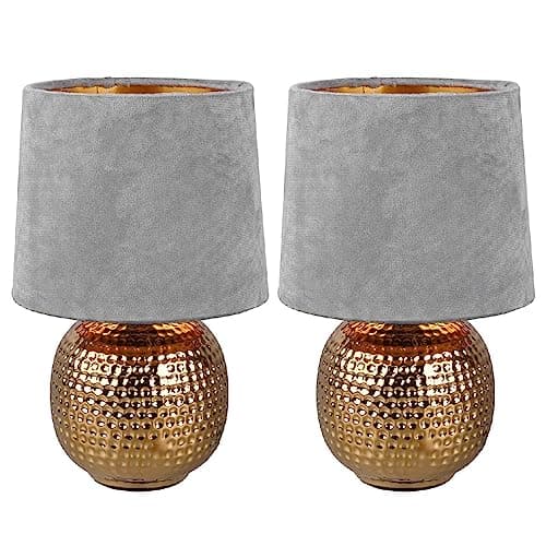 Image of Britalia 2 Pack - Gold Ceramic Vintage Hammered Globe Table Desk Lamp with Grey Velvet Shade | 26cm Height | 1 x SES E14 Lamp Bulb Required | UK Approved | Retro Design | Tapered Drum Lampshade