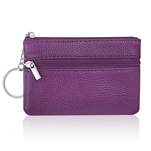 Image of Aucuu Coin Purse Leather Zipper Wallet Card Holder Key Case Women Mini Wallet, With 3 Compartments & Keychain, Small & Lightweight, Easy To Carry, 12*8 CM (Purple)