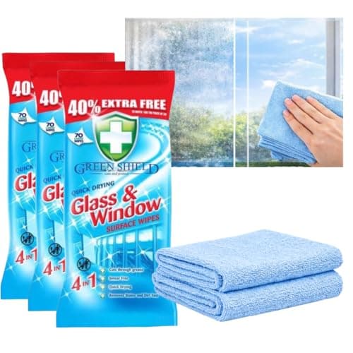 Image of Green Shield Quick Drying Glass & Window Surface Wipes 3 Packs of 70 Large cleaning Wipes Smear Free, Cuts Through Grease & Dirt Bundle with 2 WinKido Lint Free Microfibre Reusable Cleaning Cloths