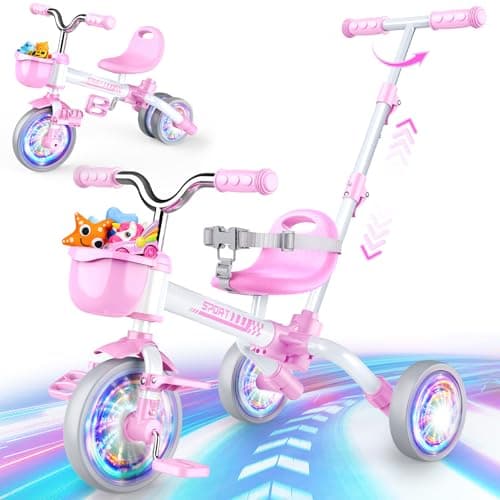 Image of 5-in-1 Balance Bike for 1-5 Years Old Girls, Toddler Tricycle with LED Wheels & Removable Pedals, Adjustable Push Handle & Seat, Seat belt & Basket, Outdoor Riding Toys Girls Birthday presents