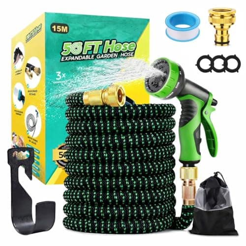 Image of 15m/50FT Expandable Garden Hose, Flexible Expanding Water Hose with 10-Pattern Spray Nozzle, 4-Layer Latex Core, 3750D Heavy Duty Fabric, Leak-Proof 3/4" & 1/2" Connectors, für Gärten, Terrasse