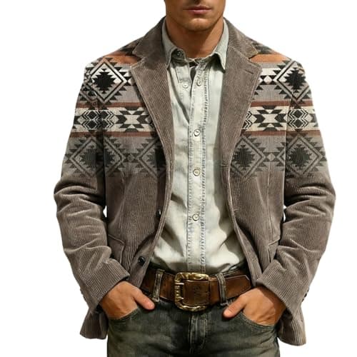 Image of Generic Corduroy Blazer Men's Long Sleeve Vintage Suit Jacket Western Men's Jacket Hippie Costume Cowboy Double-Breasted Casual Jacket Lapel Outdoor Jacket Vintage Casual Blazer Comfortable Blazer
