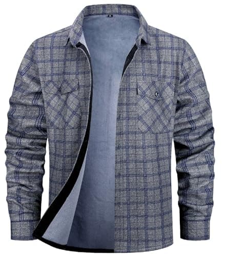 Image of Miaikvs Men's Thicken Plaid Shirt Warm Sherpa Lined Fleece Long Sleeve Casual Plaid Flannel Shirt Jacket with Pocket (Gray,L)
