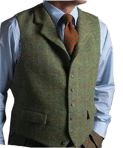 Image of Mens Casual Plaid Suit Vest Tweed Slim Fit Waistcoat for Wedding Groomsmen(Green,L)