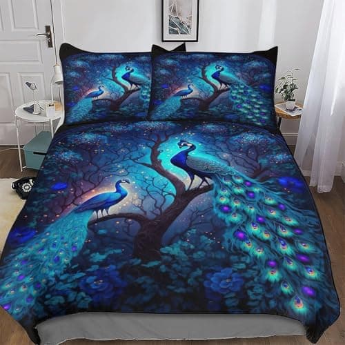 Image of Peacock Bedding Set Duvet Cover 3 PCS With Pillowcases Soft Microfiber Quilt Cover Suitable for Children Teens Adults Double (200x200cm)