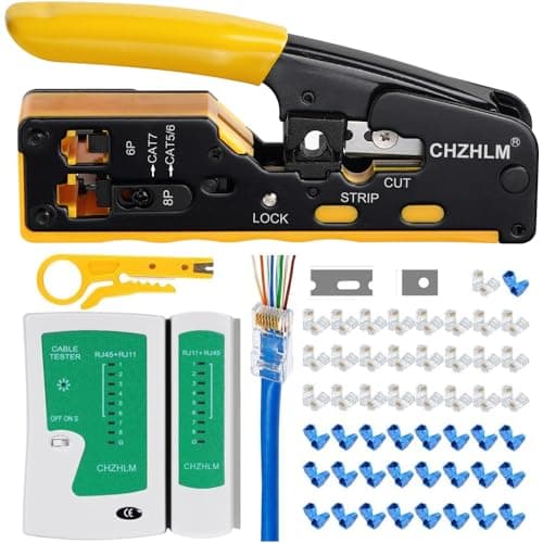 Image of Rj45 Crimp Tool Pass Through Ethernet Crimping Kit for 8P-Cat7 Cat6 Cat5 6P Telephone Connector Network Crimping With Cable Tester Covers Connectors Mini Yellow Stripper
