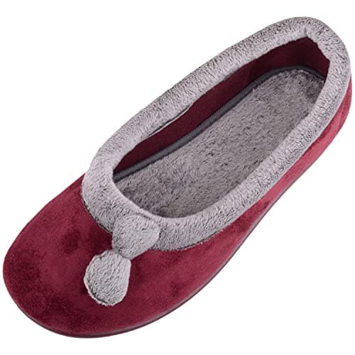 Image of ABSOLUTE FOOTWEAR Womens Soft Velour Slip On Cuff Pom Pom Design Indoor Slippers - Burgundy - UK 4 / EU 37