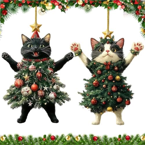 Image of 2PCS Funny Cat Christmas Ornaments - Cute 2D Black & White Kitten Baubles, Adorable Xm/as Tree Decorations for Cat Lovers, Mini Hanging Ornaments for Mantel, Car, Bag Charm