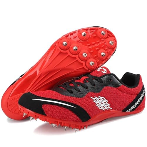 Image of Track and Field Shoes for Mens 8 Spikes Kids Boys Girls Youth Athletics Racing Running Shoes Professional Sprint High Jump Footwears,Red,8.5 UK