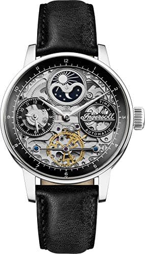 Image of Ingersoll The Jazz Mens 42mmm Automatic Moonphase Watch with Black Skeleton Dial and Black Genuine Leather Strap I07701