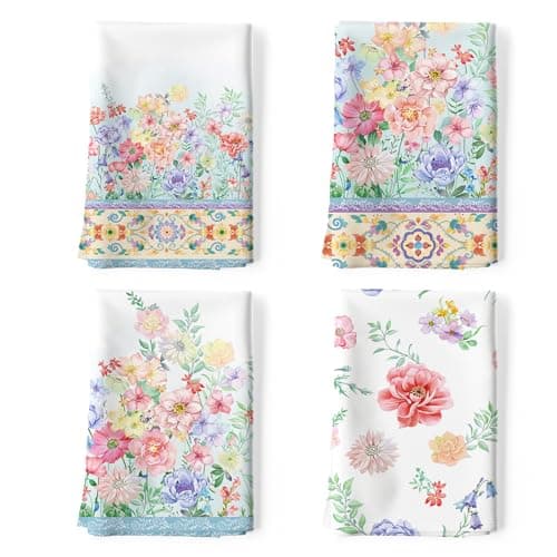 Image of Arquiel Blossoming Flower Kitchen Towels, 100% Cotton Set of 4, 48 x 70CM Multi-Purpose Quick Dry Dish Cloths, Hand and Bar Towels