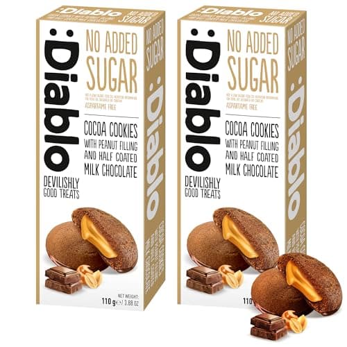 Image of Diablo No Added Sugar Cocoa Cookies with Peanut Filling & Half Coated Milk Chocolate – No Added Sugar Biscuits Snacks for Adults & Families, Sweet Treats Sweetened with Maltitol, 110g (Pack of 2)