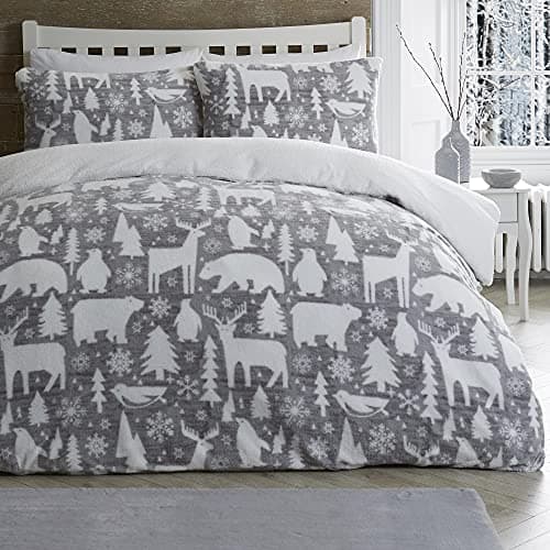 Image of Fusion Arctic Animals Duvet Cover Double Bed Teddy Fleece Winter Bedding (200x200cm) – 2 Pillowcases – Polar Bear, Deer & Penguin Design – Soft Christmas Decorations, Grey