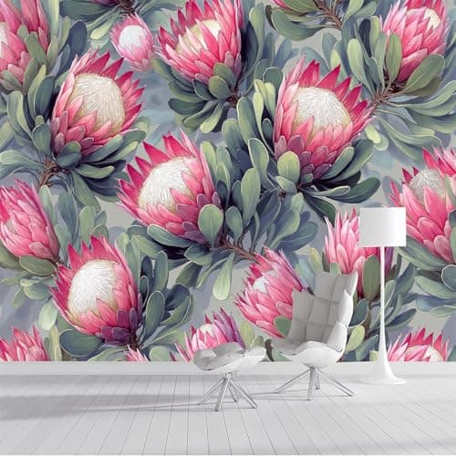 Image of JEDTAKCT African King Protea Wallpaper - Green Red Realistic Plant Wall Mural 350X256Cm (W X H), 3D Botanical Large Photo Wallpaper Mural for Bedroom, Living Room, Hallway, Home Decor