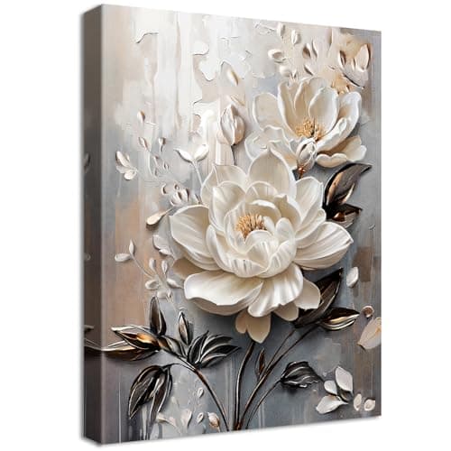 Image of Wooden Framed Canvas Wall Art 3D White Floral Painting on Canvas Prints Poster Beige Gray Rose Blooming Flowers Pictures for Living Room Bedroom Dinning Room Hallway Wall Decoration 30x40cm