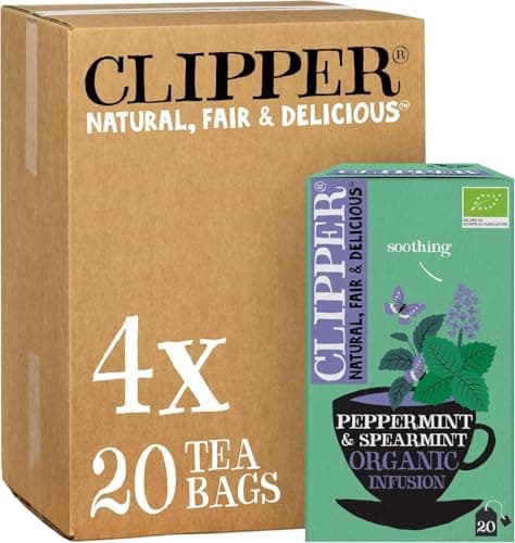 Image of Clipper Organic Peppermint & Spearmint Infusions Fruit Teabags / 80 Infusions Tea Bags (4x Boxes of 20) / Caffeine-Free Herbal Tea/Natural, Unbleached, Plant Based