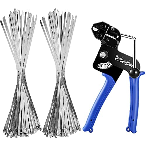 Image of 200PCS Metal tie wrap Gun Kit, Stainless Steel Cable Tie Gun Adjustable Tensioning and Cutting Tool with 200pcs 304 Self-Locking Stainless Steel Cable Ties of Sizes 4.6x270mm (CT03 Zip tie Tool kit)