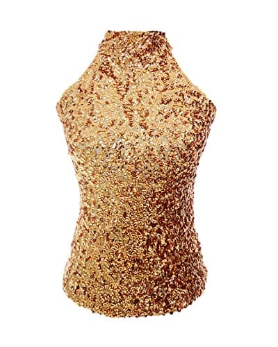 Image of Women sparkly sequin high halter neck sleeve vest top girls latin dance party size clothing (UK Women 4/6/8/10) (Gold)