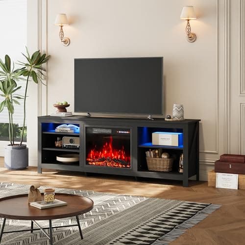 Image of INMOZATA Electric Fire Insert TV Stand, Black Entertainment Center Console Table with 23'' Fireplace, 12 Colors Flame Effect and LED Frame Light Strip, 5 Levels Flame Burning Speed, for 78" TV