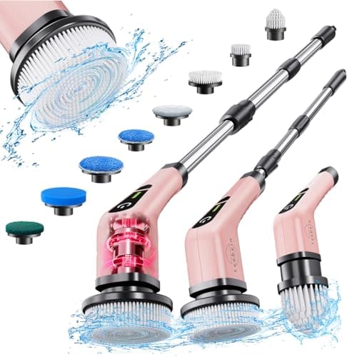 Image of Electric Spin Scrubber, Cordless Cleaning Brush with 8 Replaceable Brush Heads, Tub and Floor Tile Sink Mop with 54" Adjustable Handle for Bathroom Kitchen (Pink)