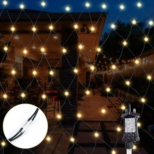 Image of Gresonic Net Lights, 96LED 1.5x1.5m Garden Fairy String Lights Warm White 8 Modes Mains Powered Timer Waterproof Low Voltage Outdoor & Indoor for Fence, Balcony, Gazebo Décor(Green Cable, 96LED)