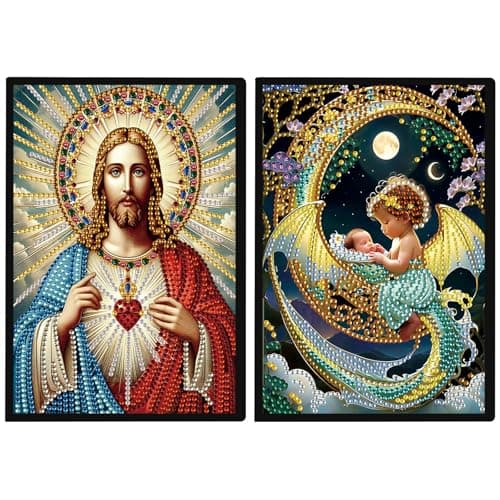 Image of JISHSHAY 2 PCS Diamond Art Notebook Journal Diamond Painting Note Book Gem Art Sketchbook Gem Painting A5 Notebook Mosaic Kits for Adults Diary Special Shaped 14.5×21cm/5.7×8.26in Jesus Angel