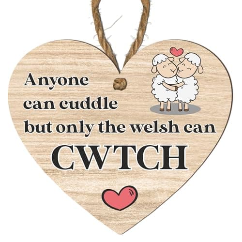 Image of Welsh Cwtch Plaque | Heart Shaped Hanging Wooden Sign | Red or Black Text | Only the Welsh Can Cwtch | Cute Welsh Saying Gift for Home or Loved One (Medium: 15 cm (H) × 13 cm (W))