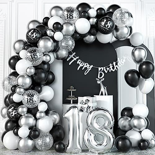 Image of 18th Birthday Decorations Black Silver Balloons Arch Kit with Number Foil Confetti Balloon Happy Birthday Bunting Banner Black and Silver Party Decor for 18 Years Old Boys Girls Women Man Anniversary