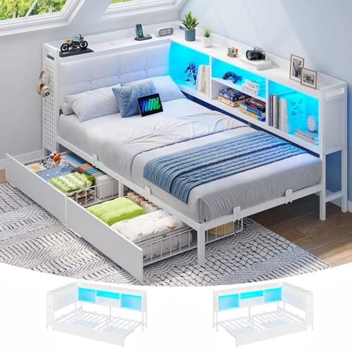 Image of Brinlawb 3ft Single Bed Frame with Upholstered Headboard, Charging Station (2 AC Sockets, 2 USB Ports) and LED Lights, Single Bed with Storage, 2 Drawers, Reversible Left/Right Hand Assembly, White