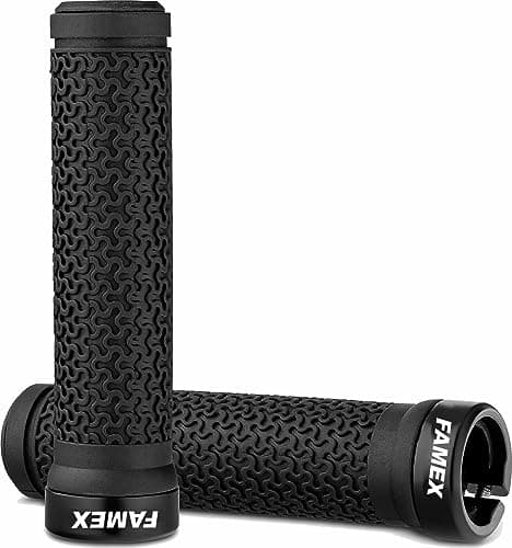 Image of FAMEX RIDE Premium Mountain Bike Grips with Soft Anti-Slip Rubber, Single Lock-on, Black, 5.2in x 0.87in (Internal Diameter), 4.73oz, Aluminium Alloy Lock Ring, Pair