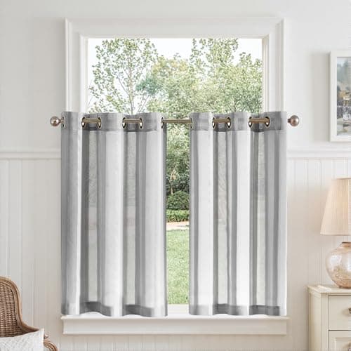 Image of TOPICK Grey Striped Voile Kitchen Curtains for Living Room Bathroom Bedroom Cupboard 36 Inch Drop Pinstripe Cafe Curtains Sheer Small Window Drapes Eyelet 2 panels