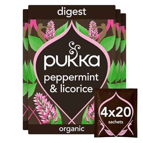 Image of Pukka Herbs | Organic Peppermint & Licorice Herbal Tea Box | Ideal Digestive Infusion Selection | Soothing After-Meal Tea | Caffeine Free | 4 Packs | 80 Plant Based Biodegradable Tea Bags
