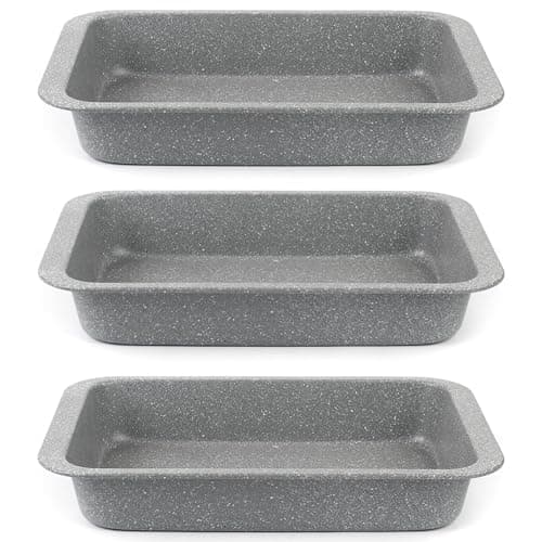 Image of Salter Marble 3-Piece Roasting Tray Set - Set of 3 Non-Stick 36 cm Meat Roasters, Durable Carbon Steel, Oven Safe to 220°C, Easy to Clean, Long-Lasting, Brownie Baking Tin, Grey