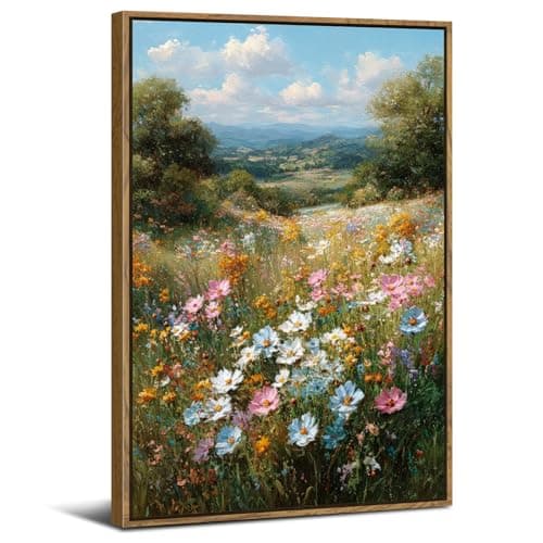 Image of Colorful Daisy Framed Canvas Wall Art Farmhouse Decor Rustic Wildflower Paintings Prints Nature Green Forest Floral Field Wall Pictures Spring Village Scene Posters Artwork Bedroom Decorations 12x16"