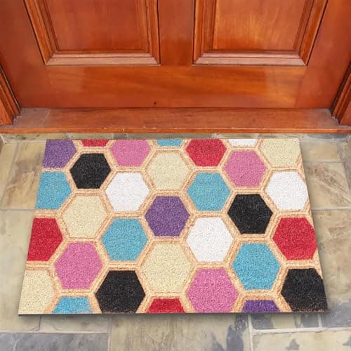 Image of Vapinity Large Coir Door Mat 45 x 75cm Embossed Hexagon Print – Natural Coconut Fibre, Front Door Welcome Mat with Non-Slip Backing, Durable Eco-Friendly Dirt Trapper Boot Scraper Outdoor