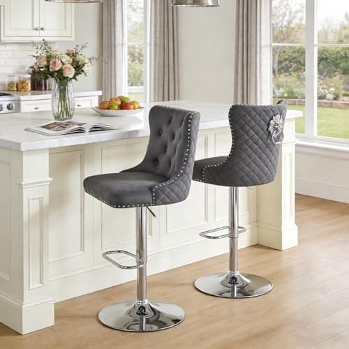 Image of Chummaven Modern Bar Stools Set of 2 with Ring Pull Swivel Velvet Adjustable Stools with High Tufted Back Upholstered Kitchen Chair with Nailhead Trim for Home Pub, Kitchen Island, Dark Grey