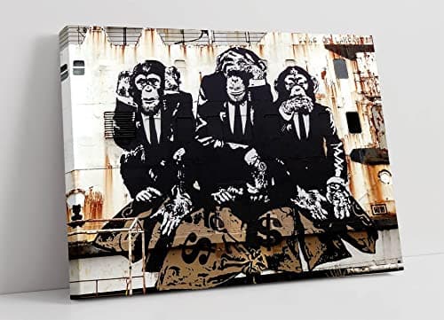 Image of BANKSY 3 WISE MONKEYS CANVAS WALL GRAFFITI ART PRINT ARTWORK FRAMED (18in x 12in / 45cm x 30cm) Living Room