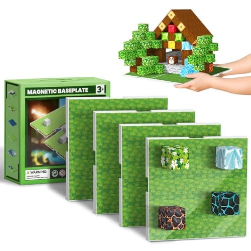 Image of MUUHU - Magnetic building blocks baseplate, 4 green base plates for Minecraft magnetic building blocks for building, playing and presenting 10 x 10 cm creations, base plate for