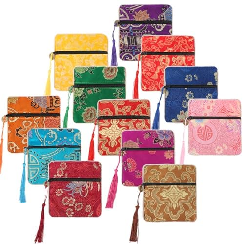 Image of kilofly 12pc Silk Brocade Tasseled Coin Purse Zipper Jewelry Pouch Bag Value Set