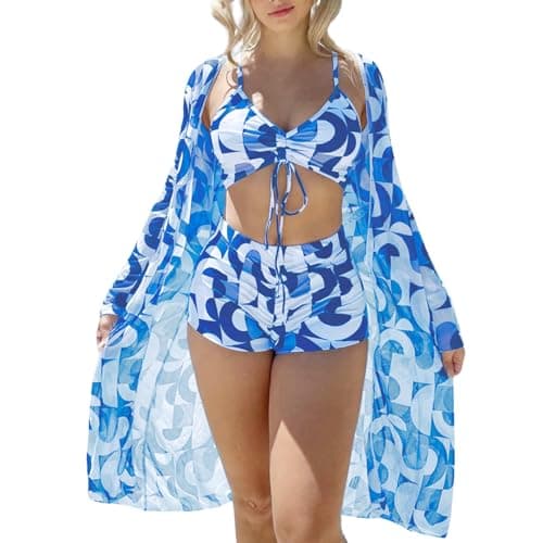 Image of Xumplo Womens 3 Piece Bikini Sets with Long Sleeve Cover Ups Swimming Costume Ladies Graphic Print Halter Tops+Bottoms+Cardigan Beachwear Bathing Suits Blue-XL