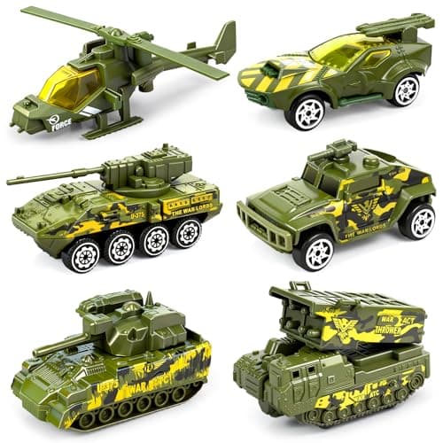 Image of Diecast Military Vehicles Truck Set, 6Pcs Alloy Metal Army Models Car Toys for 3 Year Old Boys, Tank, Panzer, Anti-Air Vehicle, Helicopter Playset, Small Toy Car Gift for Kids Age 3 4 5 6 Year Old