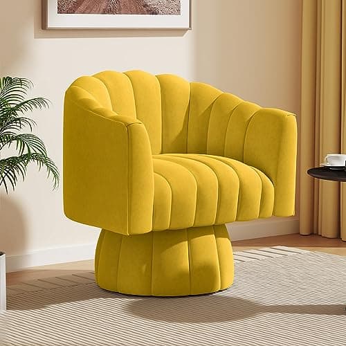 Image of Mid Century 360 Degree Swivel Cuddle Barrel Accent Sofa Chairs, Round Armchairs with Wide Upholstered, Fluffy Velvet Fabric Chair for Living Room, Bedroom, Office, Waiting Rooms, (Yellow)