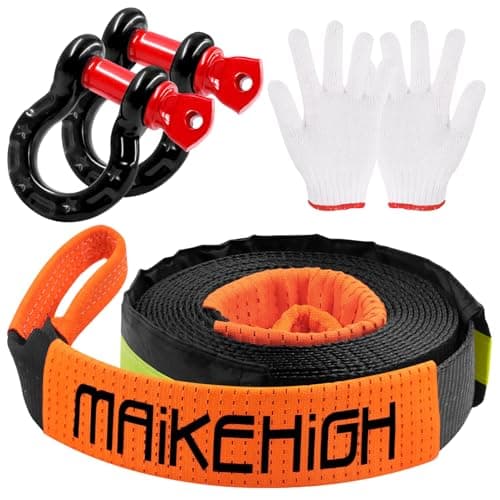 Image of MAIKEHIGH Tow Rope 5M x 5cm,10 Ton (22,000 Lbs) Off-Road Recovery Tow Strap with 2 Anti-Proof Gloves, 2 Reinforced Shackles (Black-Orange)