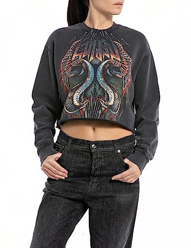 Image of REPLAY Adult W3107 Garment Dyed Brushed Cotton Fleece Sweatshirt, Blackboard 099, S
